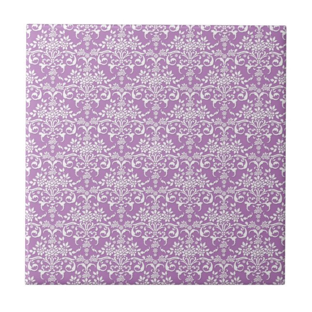 Lila Lila och Vit Blommig Damastmönster Kakelplatta (Framsidan)