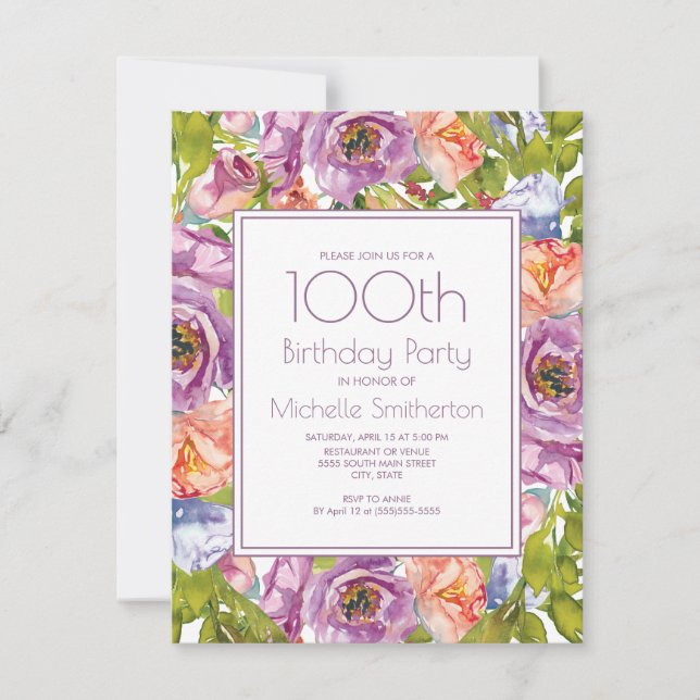 Lila Lila Orange Blå Blommig 100-årsdag Inbjudningar (Framsida)