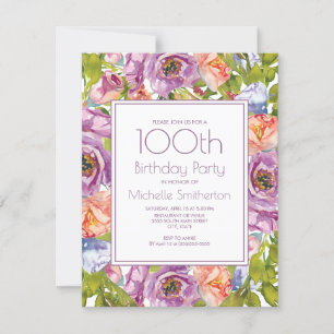 Lila Lila Orange Blå Blommig 100-årsdag Inbjudningar