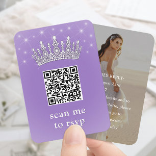 Lila lila QR RSVP Quinceañera krona & foto Tilläggskort