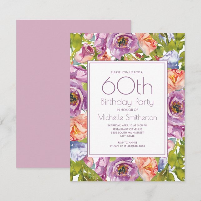 Lila Lila Rosa Blommig 60-årsdag Kvinnor Inbjudningar (Fram/baksida)
