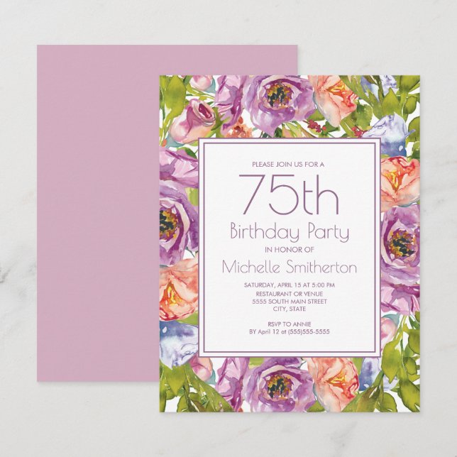 Lila Lila Rosa Blommig 75-årsdag Kvinnor Inbjudningar (Fram/baksida)