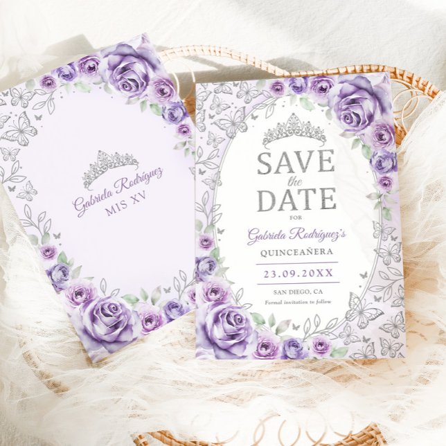 Lila Lila Silver Blommig Quinceanera Spara Datumet (Skapare uppladdad)