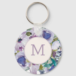 Lila Lila Städat Blått Akvarell Blommig Monogram Nyckelring
