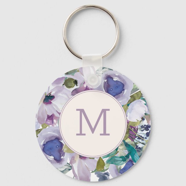 Lila Lila Städat Blått Akvarell Blommig Monogram Nyckelring (Framsida)
