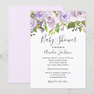 Lila Lila Vattenfärg Blommig Bebis Shower Inbjudningar