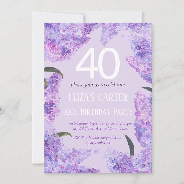 Lila Lilac 40 Blommigtars Elegant födelsedag Inbjudningar (Framsida)