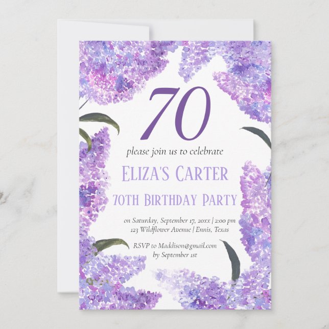 Lila Lilac 70 Blommigtens Elegant Birthday Inbjudningar (Framsida)