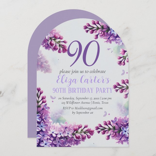 Lila Lilac 90:e Blommigt Elegant Birthday Inbjudningar (Fram/baksida)