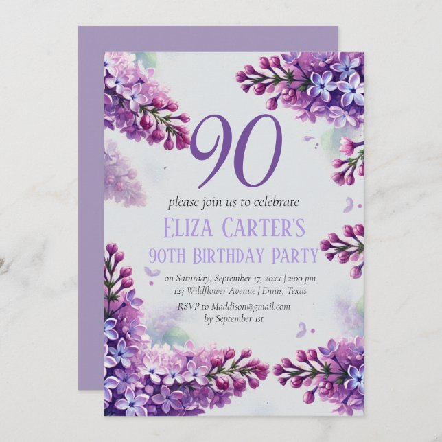Lila Lilac 90:e Blommigt Elegant Birthday Inbjudningar (Fram/baksida)