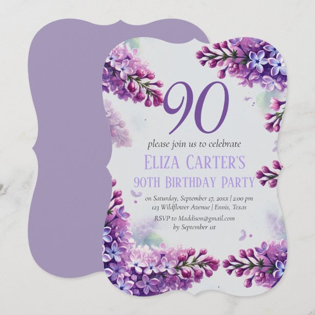 Lila Lilac 90:e Blommigt Elegant Birthday Inbjudningar (Fram/baksida)