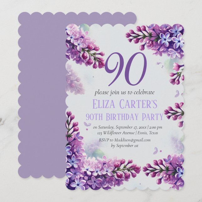 Lila Lilac 90:e Blommigt Elegant Birthday Inbjudningar (Fram/baksida)