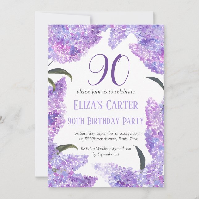 Lila Lilac 90:e Blommigt Elegant Birthday Inbjudningar (Framsida)