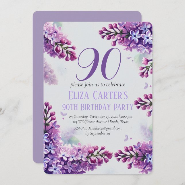 Lila Lilac 90:e Blommigt Elegant Birthday Inbjudningar (Fram/baksida)
