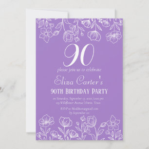 Lila Lilac 90:e Nittio Blommigt Elegant Födelsedag Inbjudningar