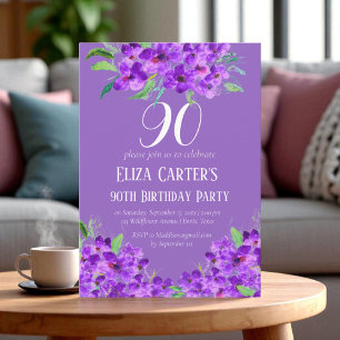 Lila Lilac 90:e Nittio Blommigt Elegant Födelsedag Inbjudningar