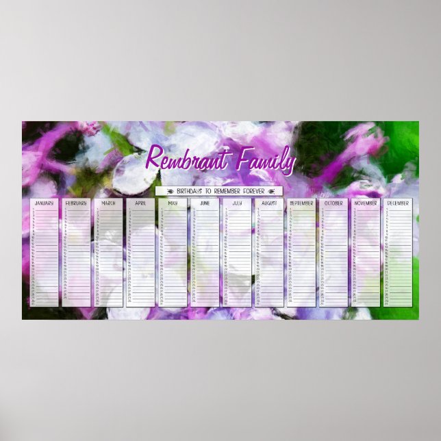 Lila Lilac Anpassningsbar Family Birthday Calendar Poster (Framsidan)