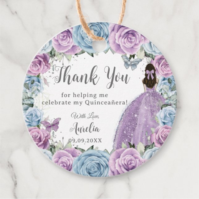 Lila Lilac Baby blue Blommigt Dress Quinceañera Gåvor Etiketter (Framsida)