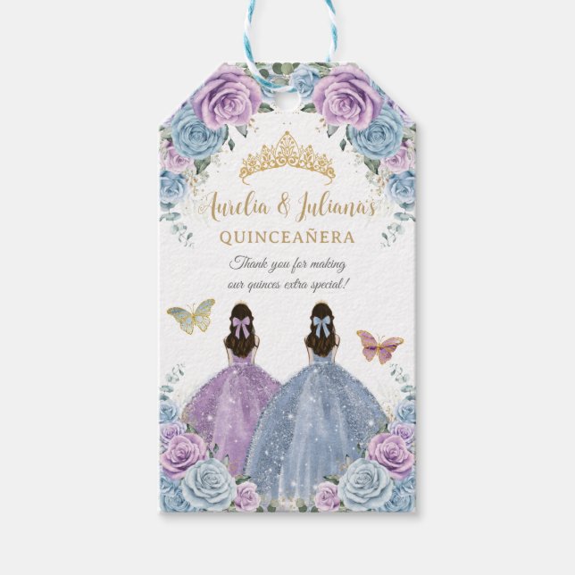 Lila Lilac Baby blue Blommigt Twillingars Quinceañ Presentetikett (Framsidan)
