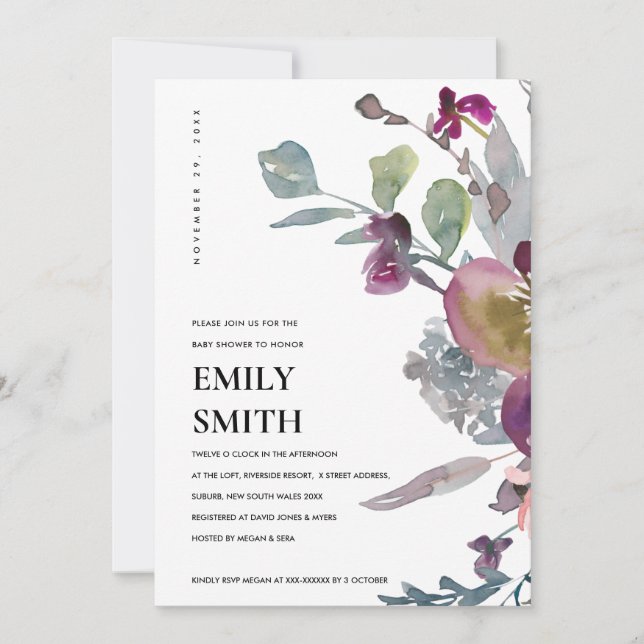 LILA LILAC BLOMMIGT BABY SHOWER INBJUDAN (Framsida)