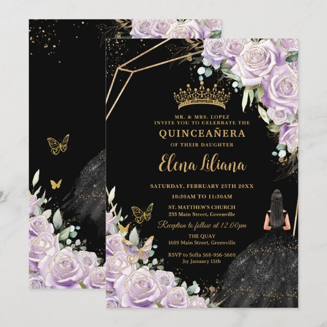 Lila Lilac Blommigt Black Dress Guld Quinceañera Inbjudningar (Fram/baksida)