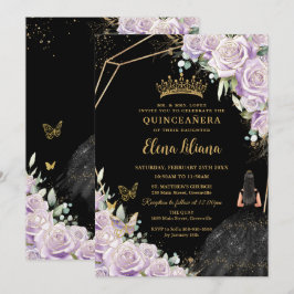 Lila Lilac Blommigt Black Dress Guld Quinceañera Inbjudningar