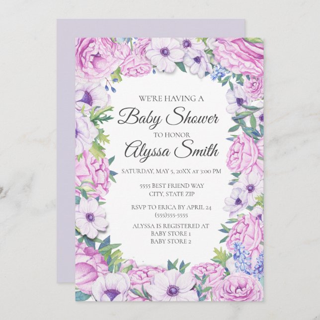 Lila Lilac Blommigt Blommigt Baby Shower-inbjudan  Inbjudningar (Fram/baksida)