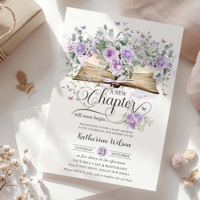Lila Lilac Blommigt Bok New Chapter Baby Shower Inbjudningar (purple-lilac-roses-floral-butterflies-vintage-book-a-new-chapter-will-soon-begin-baby-shower-invite)