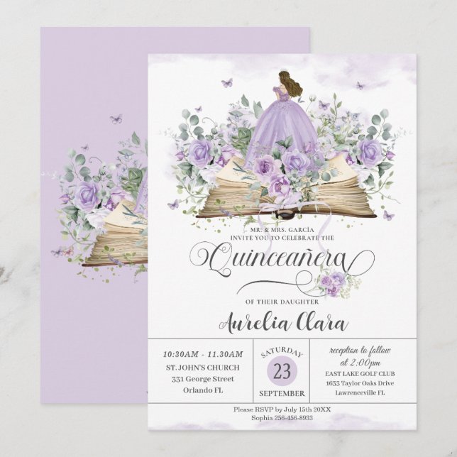 Lila Lilac Blommigt Bok New Kapitel Quinceañera Inbjudningar (Fram/baksida)