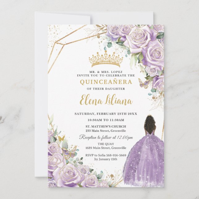 Lila Lilac Blommigt Brown Princess Quinceanera Inbjudningar (Framsida)