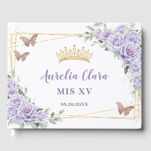 Lila Lilac Blommigt Butterflies Guld QUINCEAÑERA Gästböcker (Framsida)