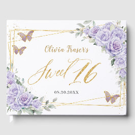 Lila Lilac Blommigt Butterflies Guld Sweet sixteen Gästböcker