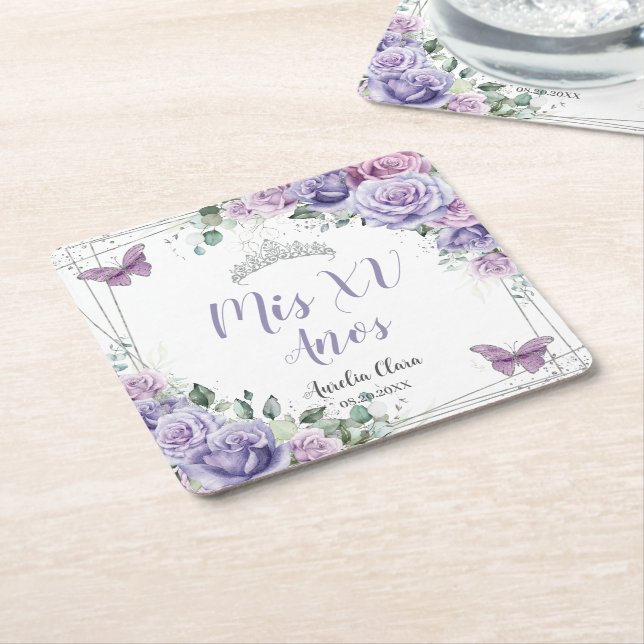 Lila Lilac Blommigt Butterflies Quinceanera Favors Underlägg Papper Kvadrat (Vinklad)