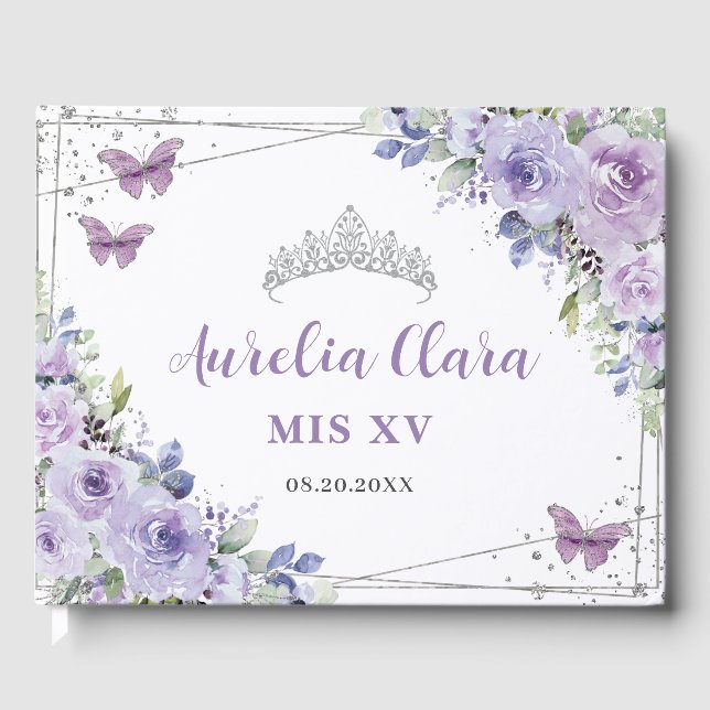 Lila Lilac Blommigt Butterflies Silver QUINCEAÑERA Gästböcker (Framsida)
