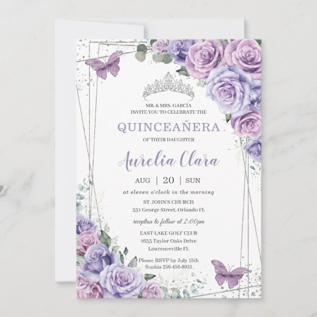 Lila Lilac Blommigt Butterflies Silver Quinceanera Inbjudningar (Framsida)