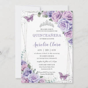 Lila Lilac Blommigt Butterflies Silver Quinceanera Inbjudningar