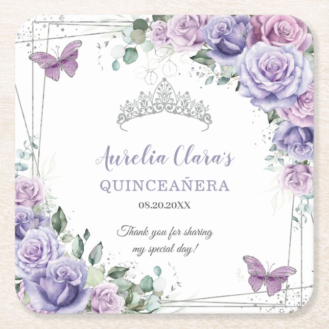 Lila Lilac Blommigt Butterflies Silver Quinceanera Underlägg Papper Kvadrat (Framsidan)