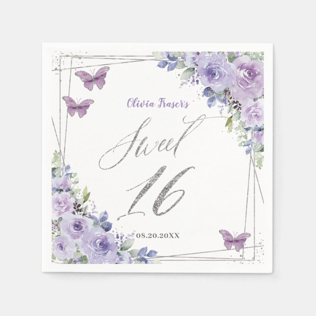 Lila Lilac Blommigt Butterfly Silver Sweet sixteen Pappersservett (Framsidan)