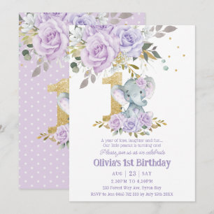 Lila Lilac Blommigt Cute Elephant 1:a födelsedagen Inbjudningar