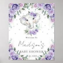 Lila Lilac Blommigt Cute Elephant Baby Shower Sign