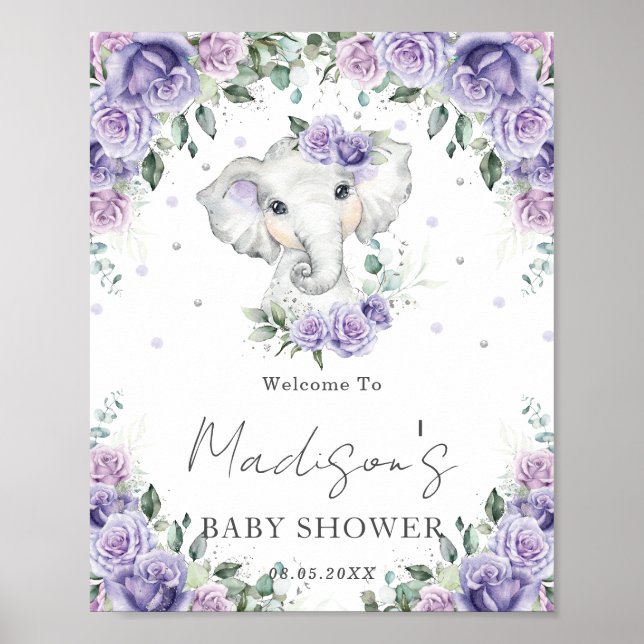 Lila Lilac Blommigt Cute Elephant Baby Shower Sign Poster (Framsidan)