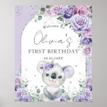 Lila Lilac Blommigt Cute Koala Arch 1:a födelsedag