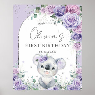 Lila Lilac Blommigt Cute Koala Arch 1:a födelsedag Poster
