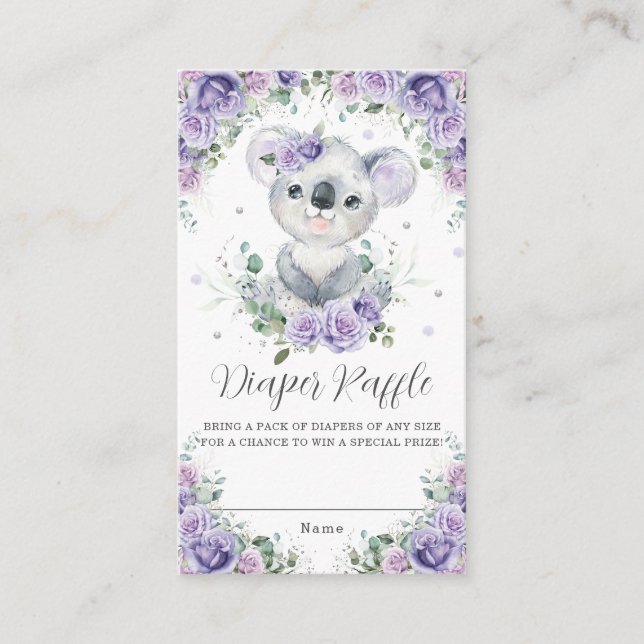 Lila Lilac Blommigt Cute Koala Baby Diaper Raffle Tilläggskort (Framsida)