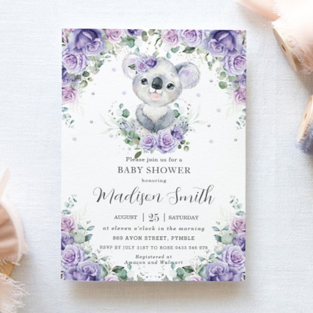 Lila Lilac Blommigt Cute Koala Baby Shower Inbjudningar (Skapare uppladdad)