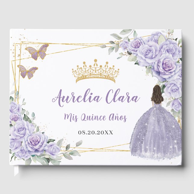 Lila Lilac Blommigt Girl Dress Guld QUINCEAÑERA Gästböcker (Framsida)