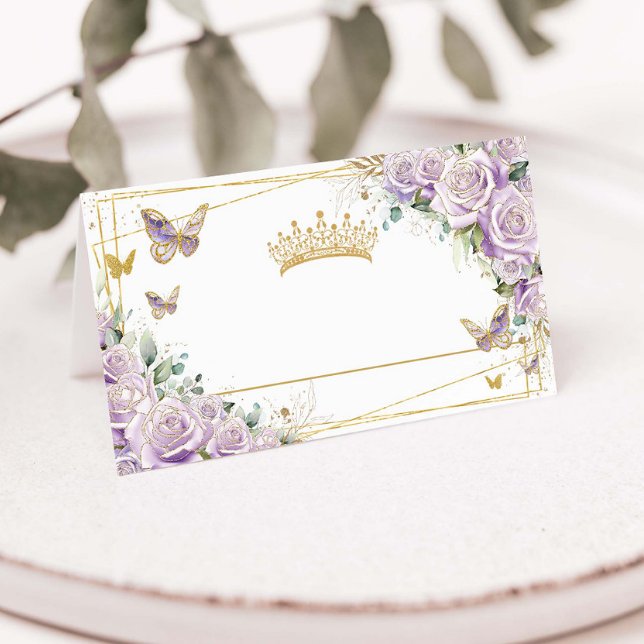 Lila Lilac Blommigt Guld Butterflies Quinceañera Placeringskort (Skapare uppladdad)