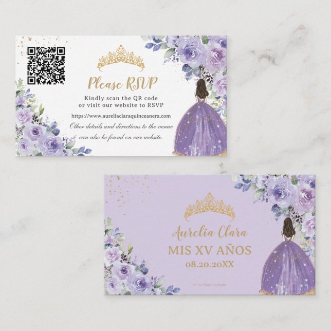 Lila Lilac Blommigt Guld Quinceañera QR-kod Tilläggskort (Fram/baksida)