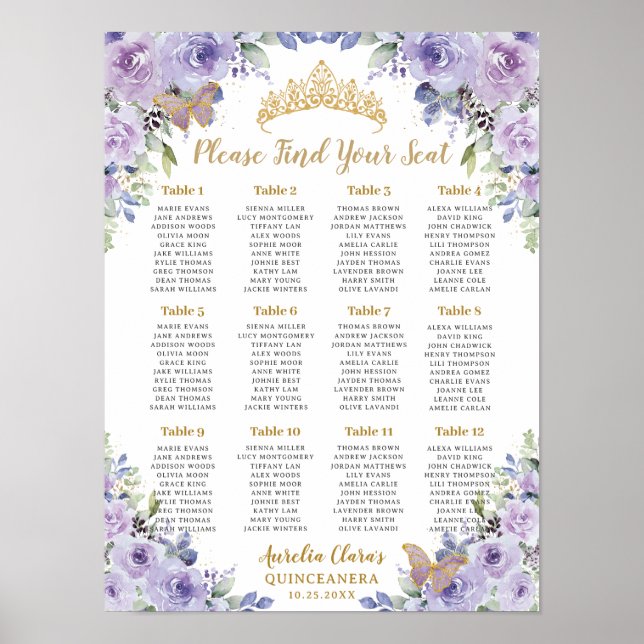 Lila Lilac Blommigt Guld Quinceañera Sittdiagram f Poster (Framsidan)