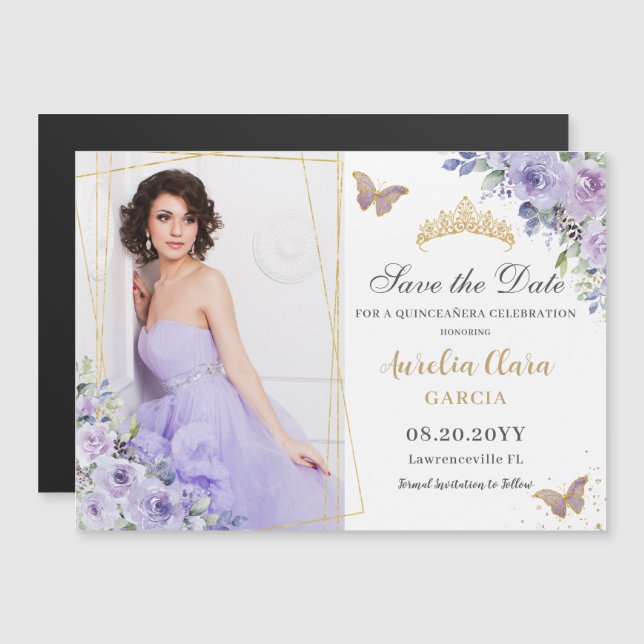 Lila Lilac Blommigt Guld Quinceañera Spara datum (Fram/baksida)
